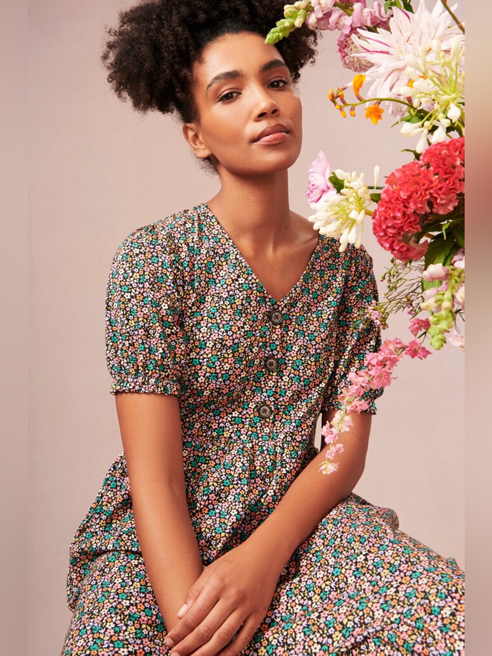 Barbour Floral Midi Dress with Pink, Green and Blue Accents Size 12 Spring